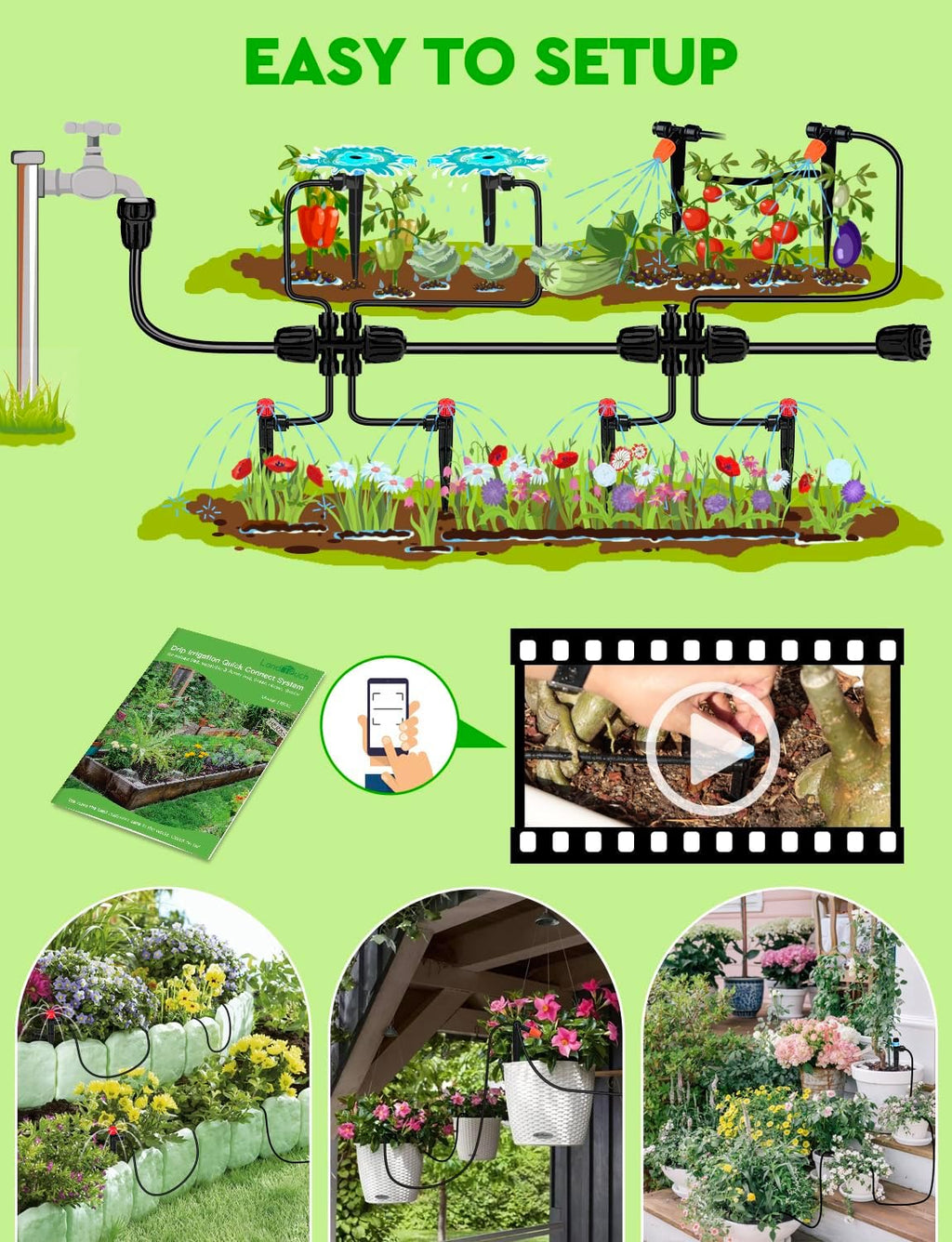 Drip Irrigation System, 40FT 1/2" Mainline & 100FT 1/4" Tubing, with Adjustable Drip Emitters Misting Sprinkler