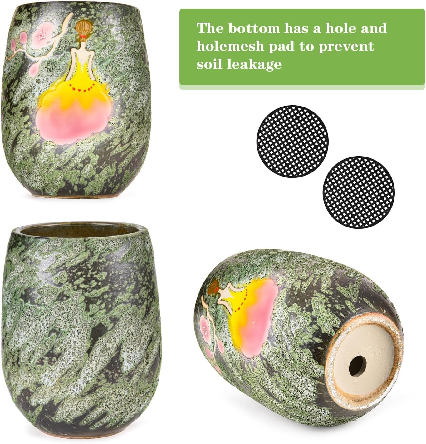 Sungmor 10.6 Inch Hand Painted Ceramic Succulent Plant Pot - Dark Green | Textured Decorative Pottery Planter with