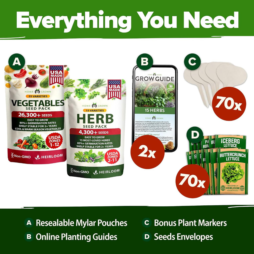 HOME GROWN 70 Variety Vegetable & Herb Seeds 30,600+ USA Non-GMO Heirloom Survival Seeds Garden Kit for Spring, Fall