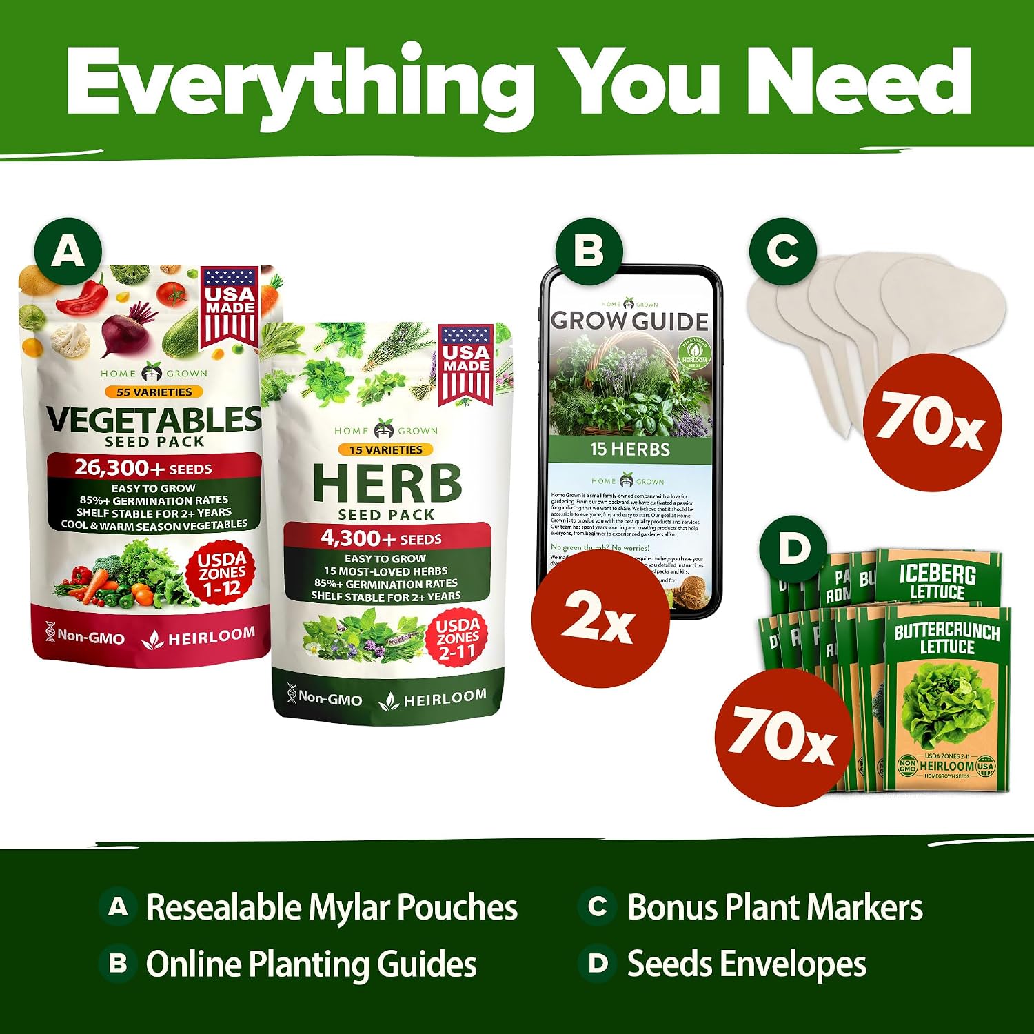 HOME GROWN 70 Variety Vegetable & Herb Seeds 30,600+ USA Non-GMO Heirloom Survival Seeds Garden Kit for Spring, Fall