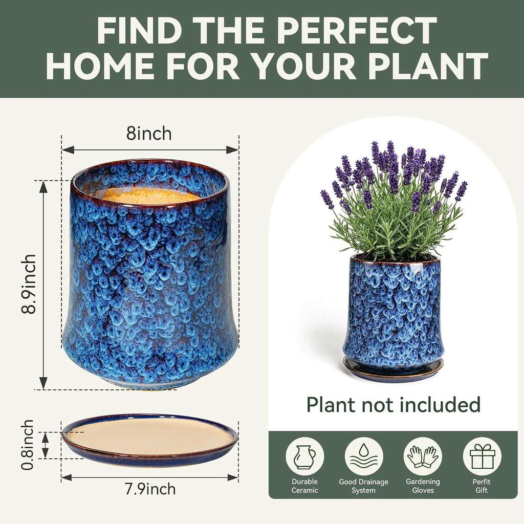 8 Inch Ceramic Planter Pot with Saucer Drainage Leak-Proof Mesh,Flower Pots for Lavender with Gardening Gloves,Ceramic