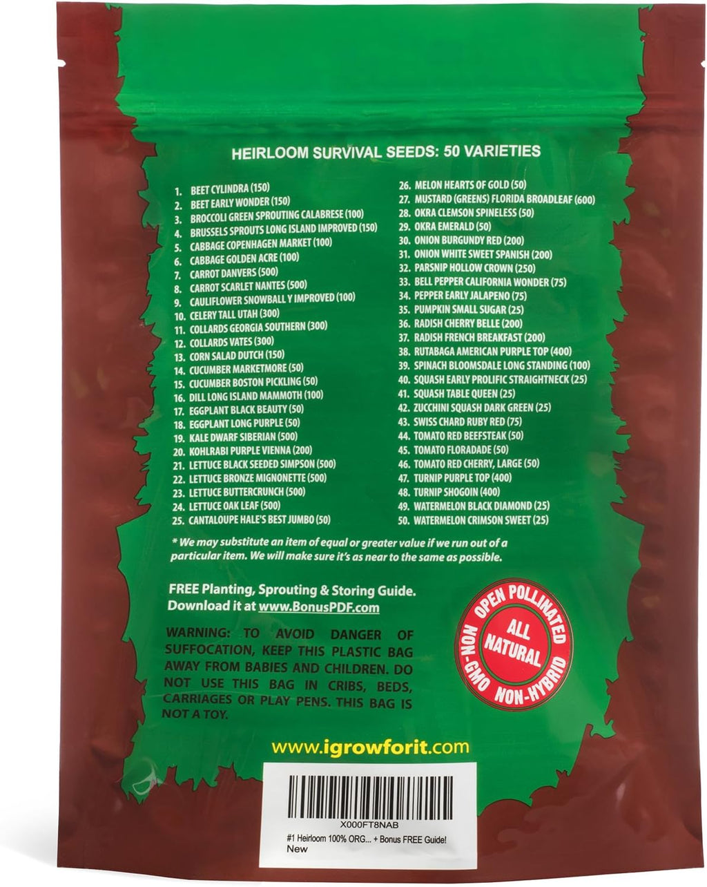 Heirloom Vegetable Seeds Non GMO Survival Seed Kit - Part of Our Legacy and Heritage - 50 Varieties 100% Naturally