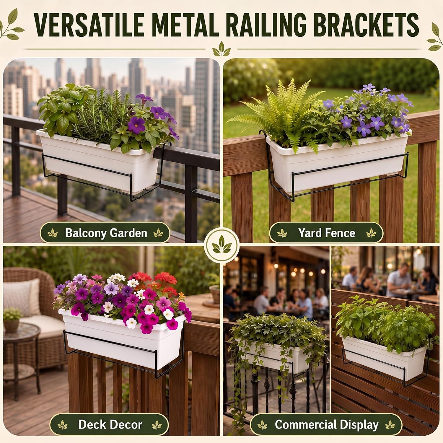 Landhoow 2 Pcs Railing Flower Box Holder, 14in Heavy Duty Metal Hanging Flower Pot Stand, Railing Planter Bracket for