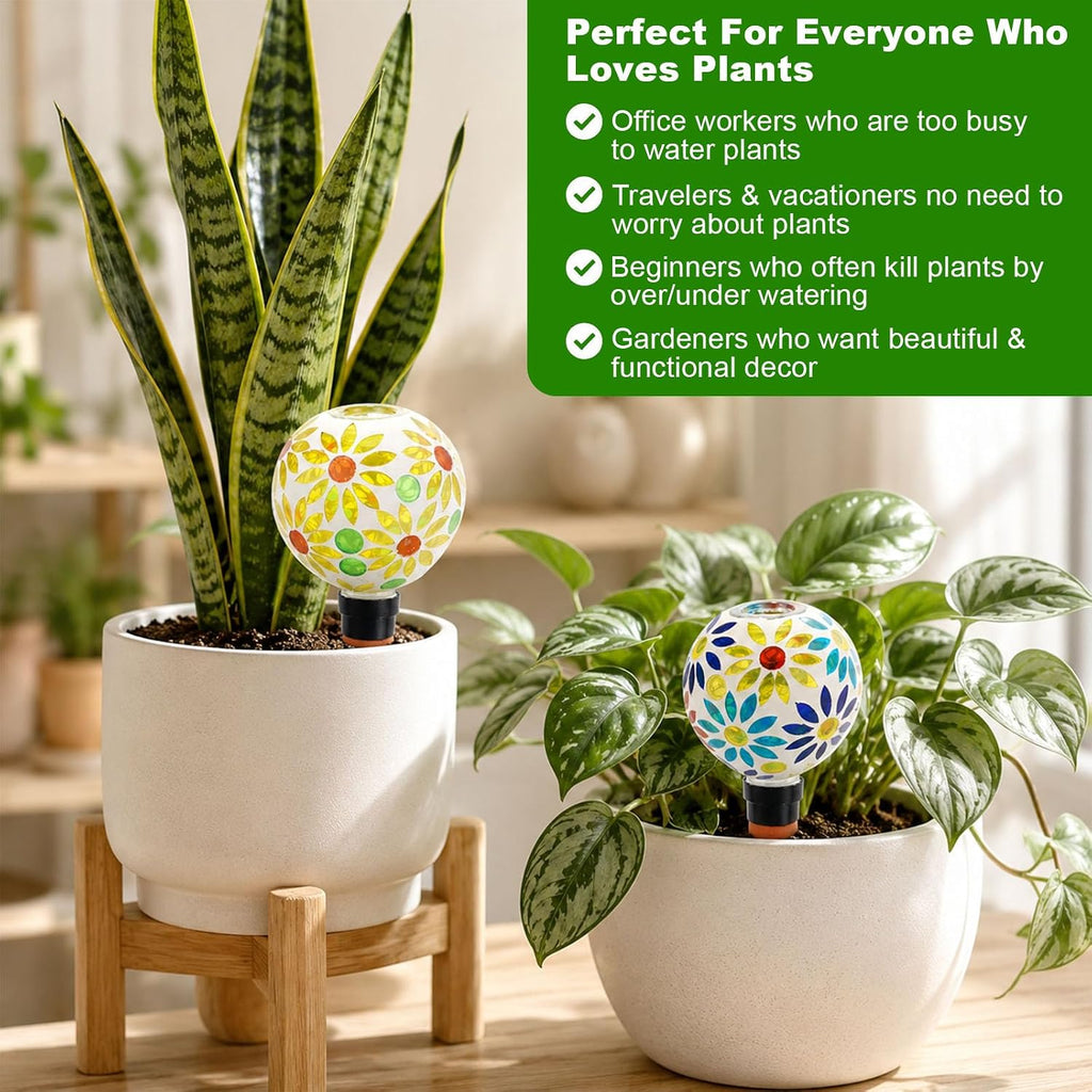 2 PCS Mosaic Plant Watering Globes with Terracotta Watering Spikes, 17oz Glass Self Watering Globes for Indoor &