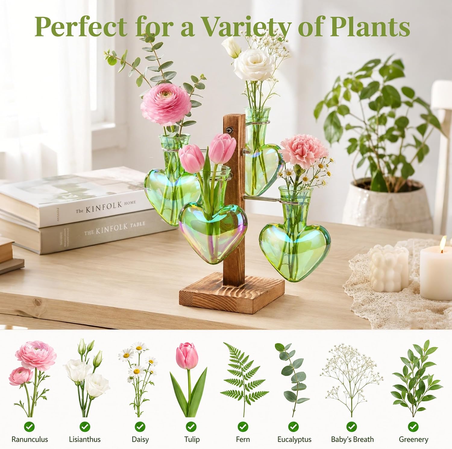Plant Terrarium Propagation Stations: Green Vase with Wooden Stand | 4 Irised Crystal Glass, Heart Shaped, Home Table