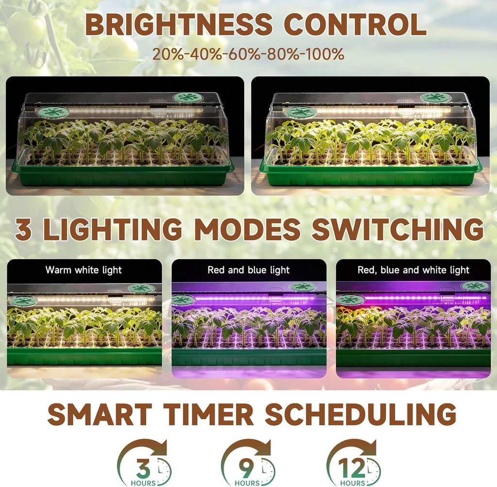 72 Cells Seed Starter Tray with Grow Light, Seed Starter Kit Full Spectrum with 5 Dimmable Brightness & Timer, Indoor