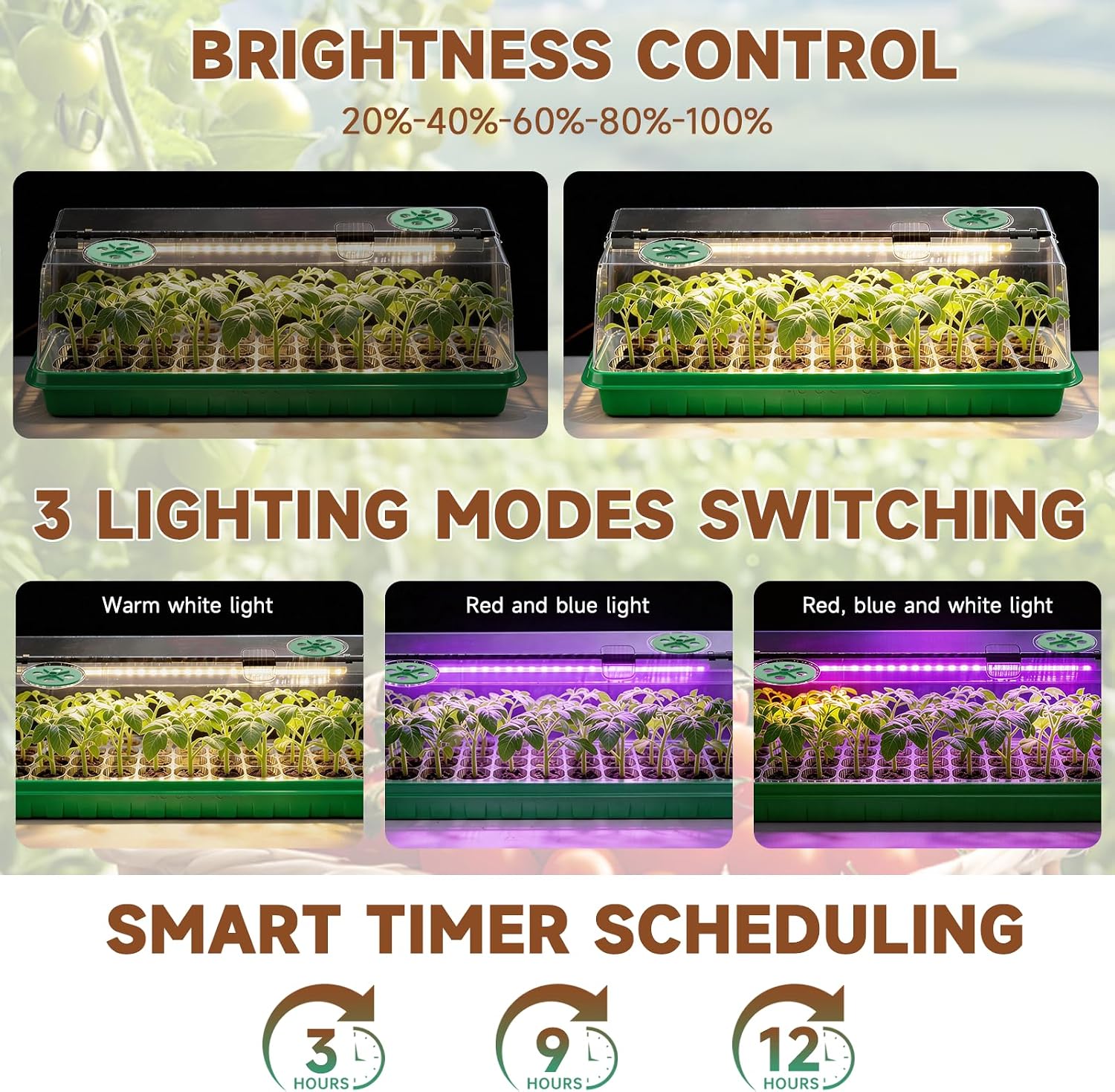 72 Cells Seed Starter Tray with Grow Light, Seed Starter Kit Full Spectrum with 5 Dimmable Brightness & Timer, Indoor
