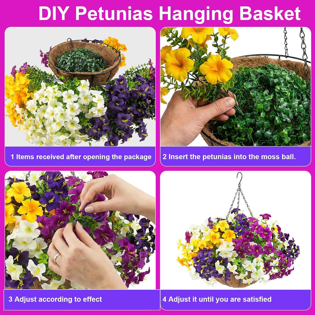 2 Set Artificial Outdoor Flowers with Hanging Baskets,24 Pcs UV Resistant Faux Petunias Flowers with Hanging Planter