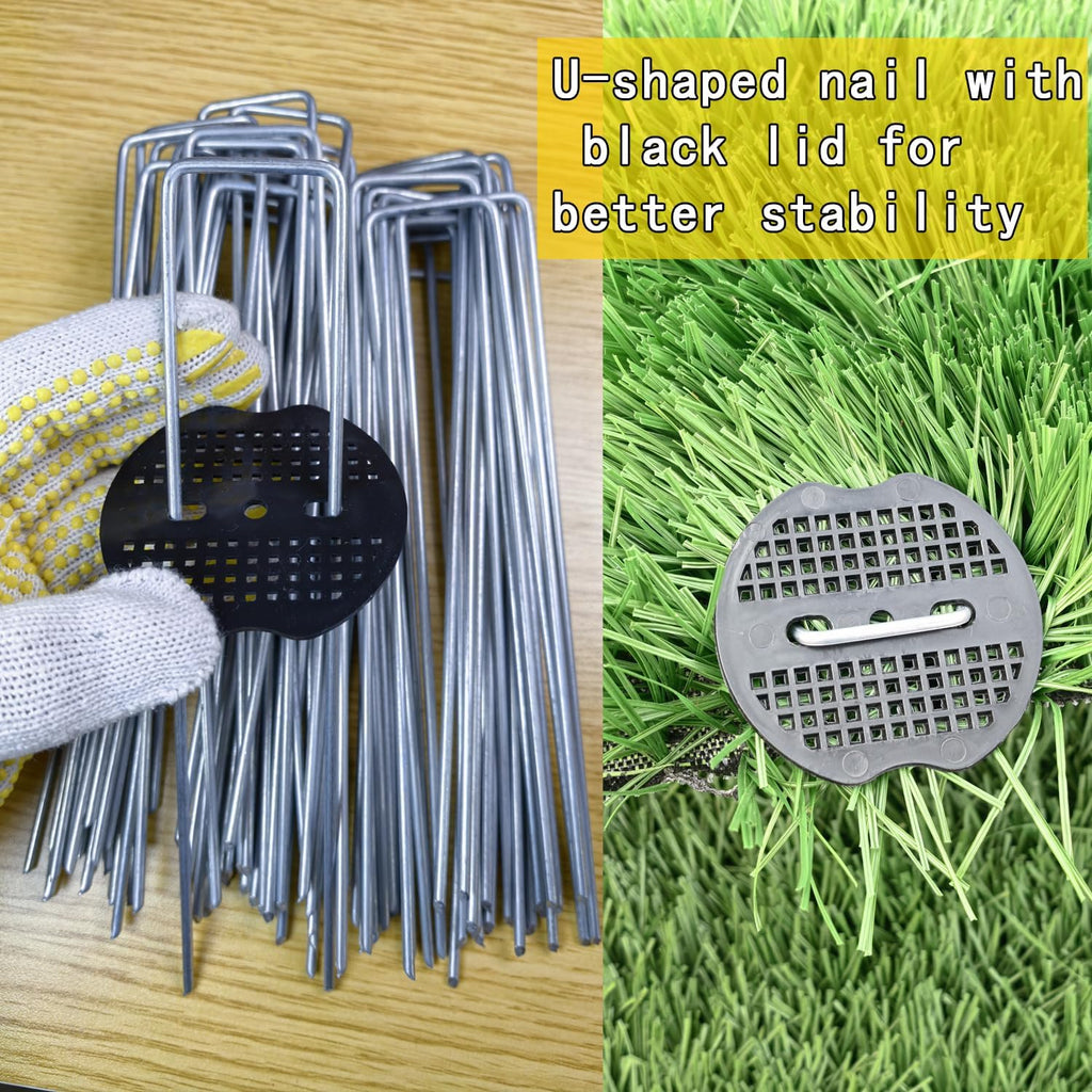 200Pcs Landscape Staples with 200 Gasket with 1Pick Hook, 6 Inch Heavy Duty Garden Stakes 11 Gauge U Shaped Galvanized