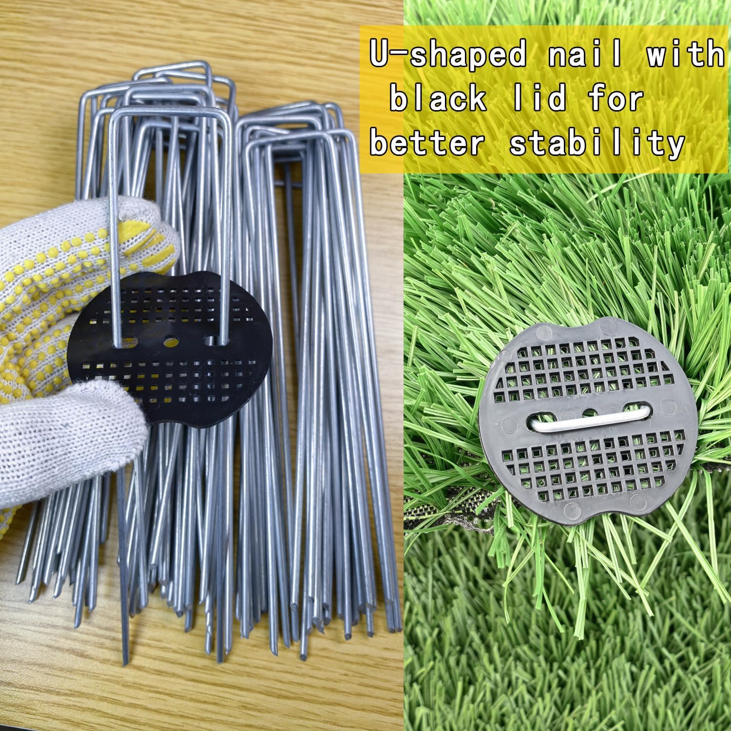 200Pcs Landscape Staples with 200 Gasket with 1Pick Hook, 6 Inch Heavy Duty Garden Stakes 11 Gauge U Shaped Galvanized