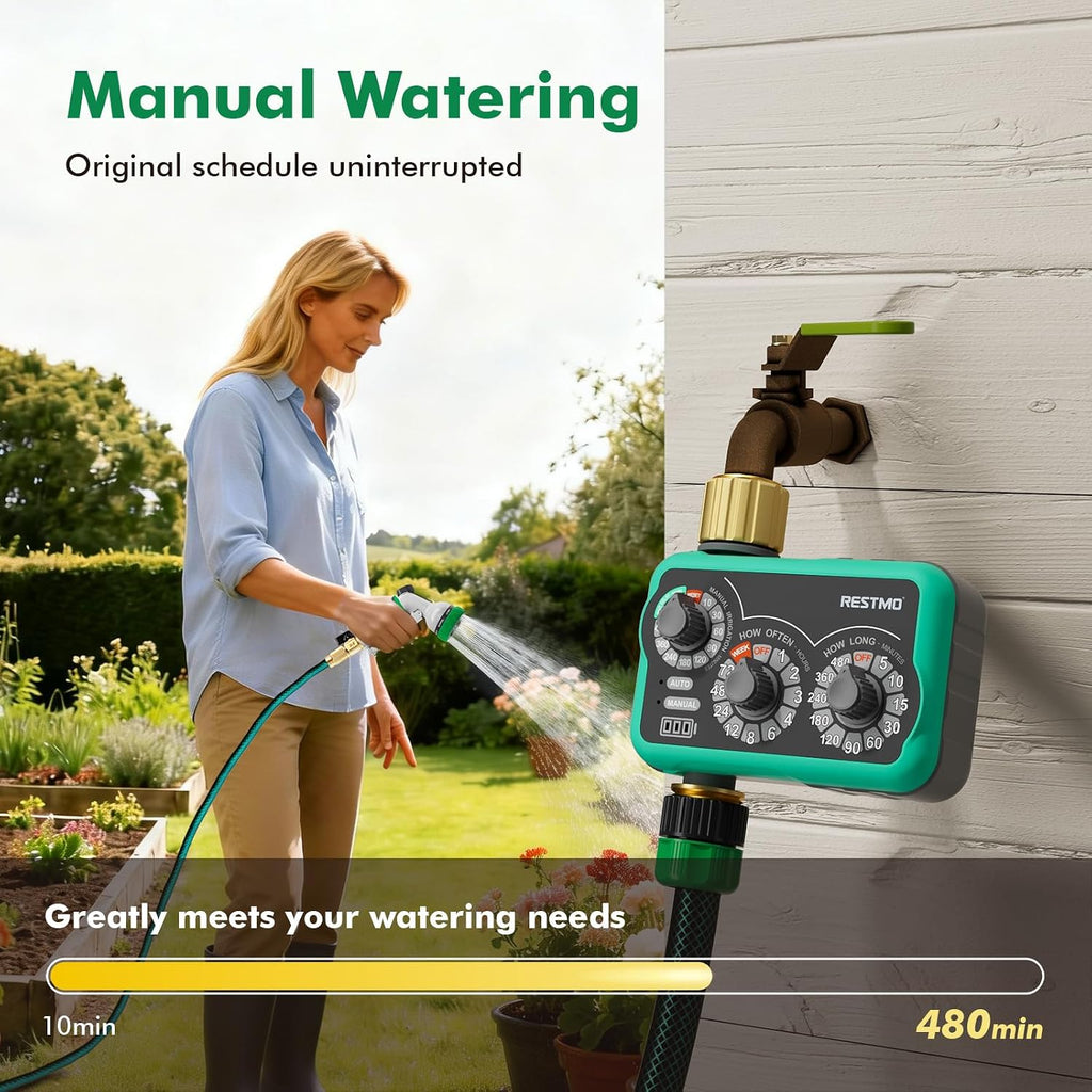 RESTMO 3-Dial Analog Sprinkler Timer, Mechnical Water Timer for Outdoor | Brass Inlet & Outlet, Manual/Rain Delay