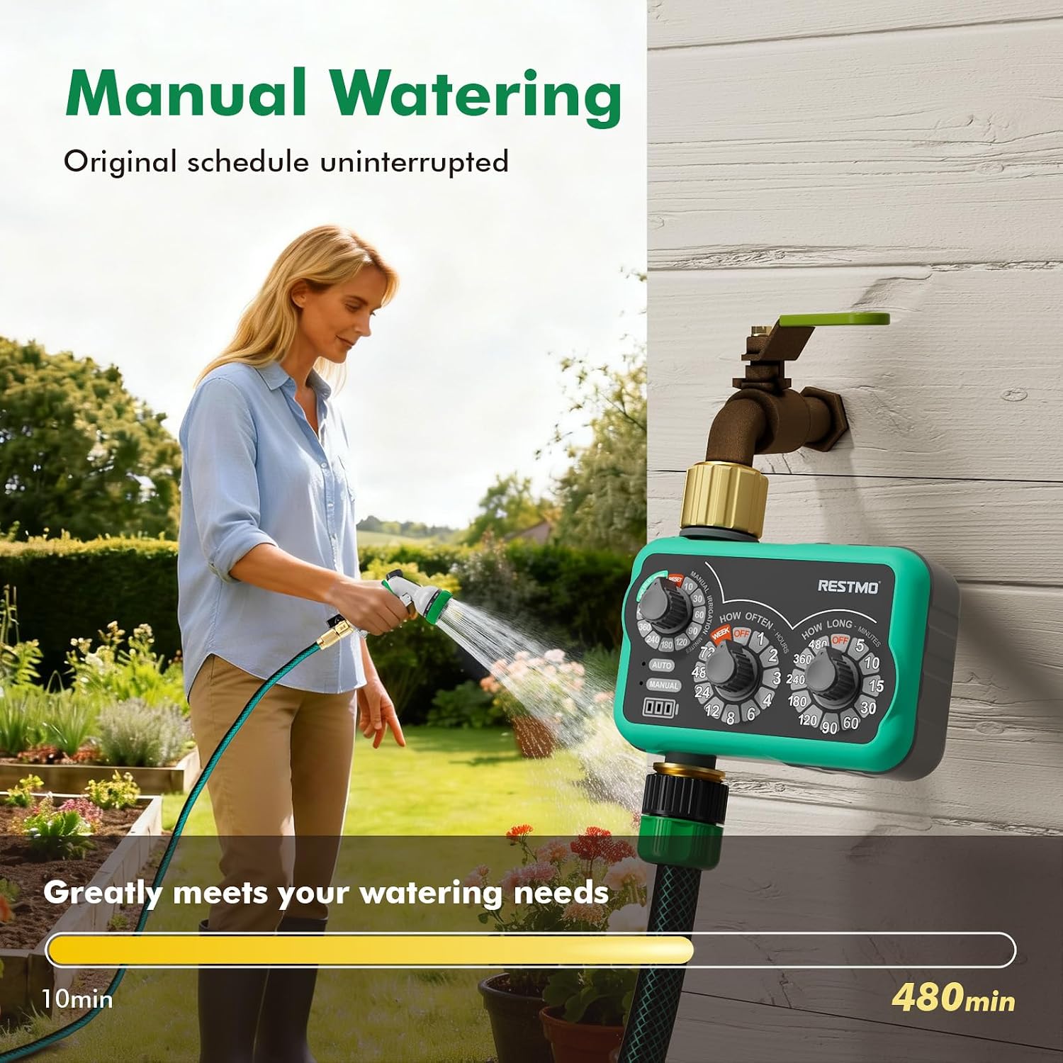 RESTMO 3-Dial Analog Sprinkler Timer, Mechnical Water Timer for Outdoor | Brass Inlet & Outlet, Manual/Rain Delay