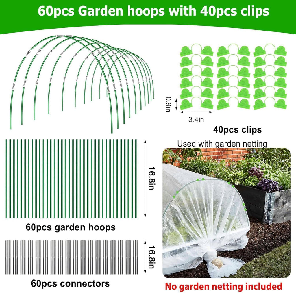 60pcs Garden Hoops for Raised Beds Wide, 8ft Greenhouse Hoops Grow Tunnel for Row Cover Netting, Adjustable Fiberglass