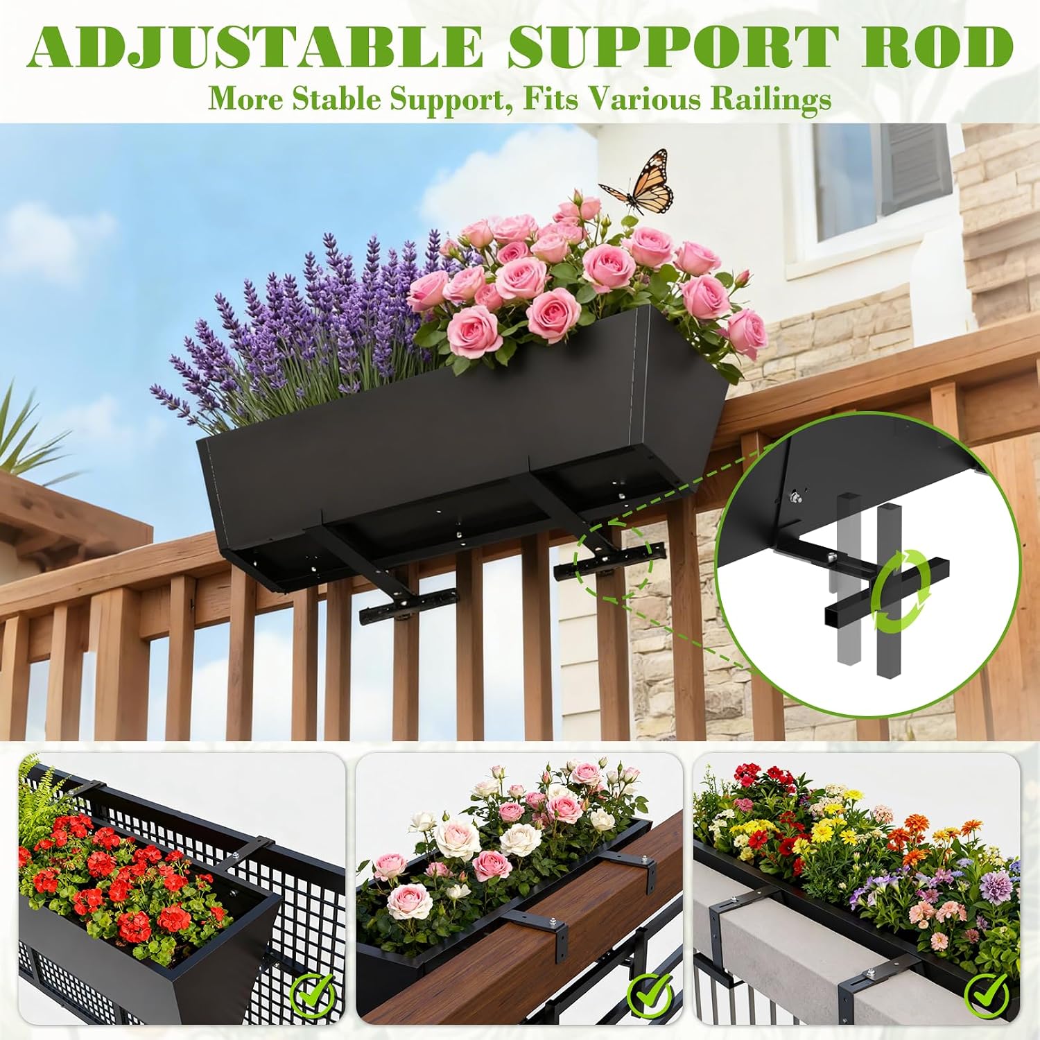 36 Inch Railing Planter Boxes, Heavy Duty Metal Hanging Planters with Adjustable Brackets, Outdoor Balcony Flower Box