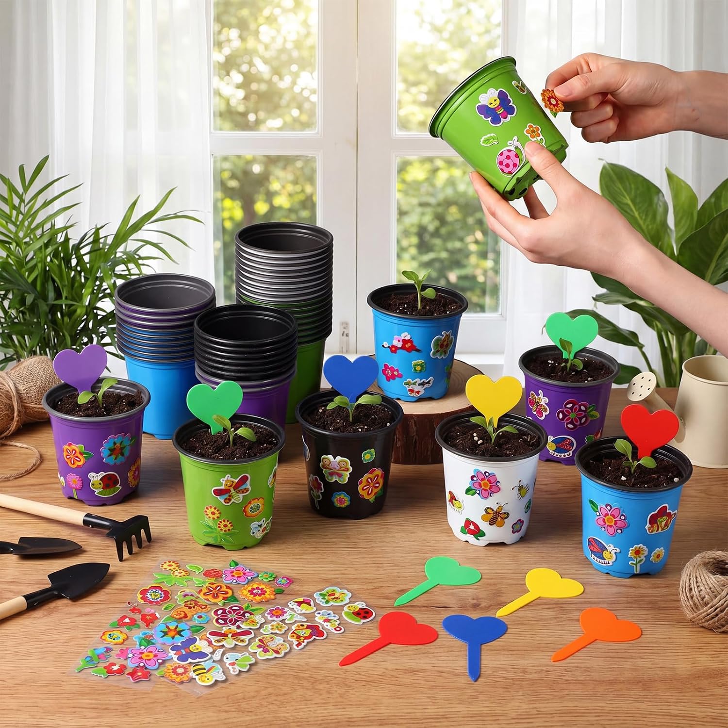 150 Sets Garden Pot Craft Kit Bulk DIY Flower Planting Kit Including Plastic Nursery Pots Labels and Stickers for
