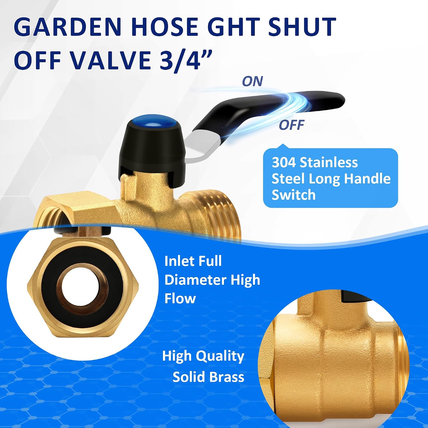 Brass Garden Hose Shut Off Valve with Full-Flow Design – Heavy Duty 3/4" GHT Nozzle Connector, 304 Stainless Steel