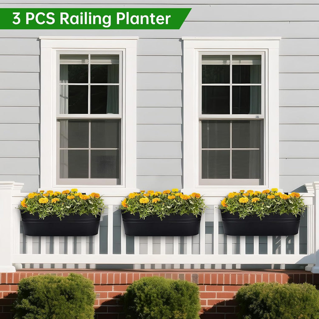 Railing Planter Box, 16" Large Hanging Planters for Outdoor Plants, 3 Pack | balcony planters with Detachable Wide