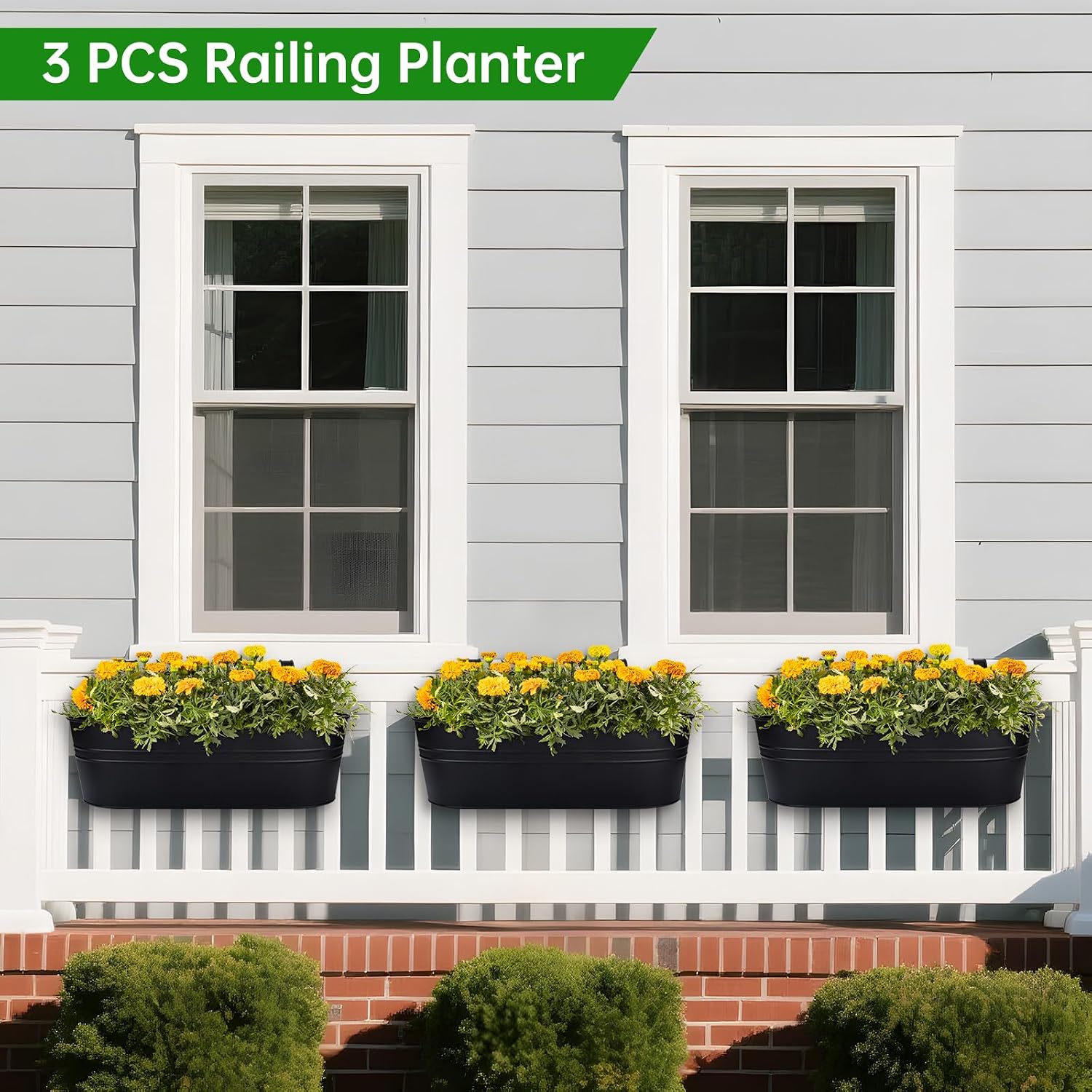 Railing Planter Box, 16" Large Hanging Planters for Outdoor Plants, 3 Pack | balcony planters with Detachable Wide