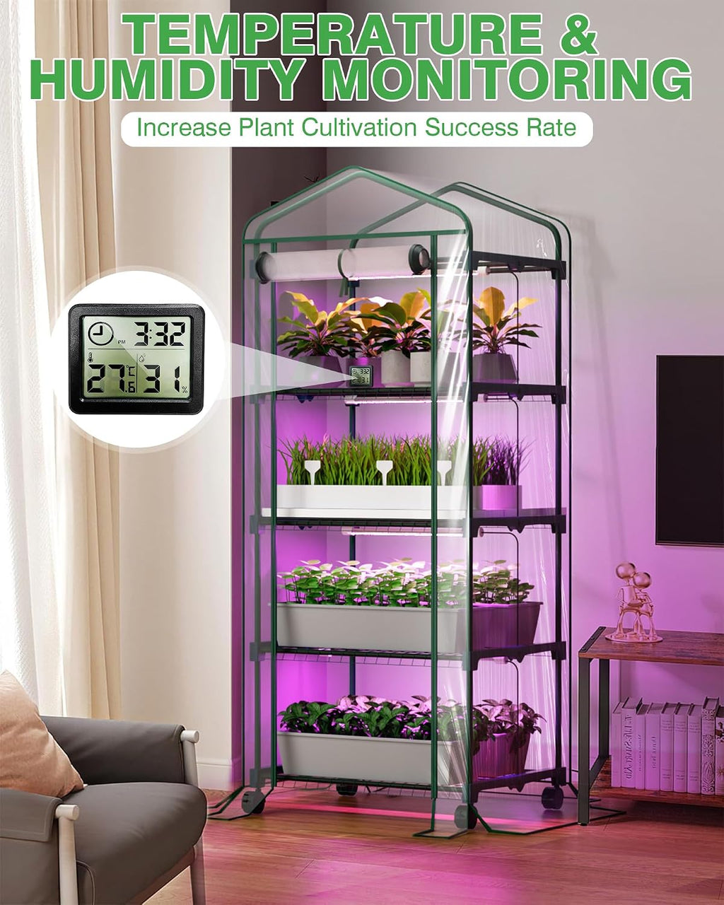 PYY Mini Indoor Greenhouse with Grow Light - Small Portable Outdoor Plant Green House Cabinet with Wheels, Thermometer