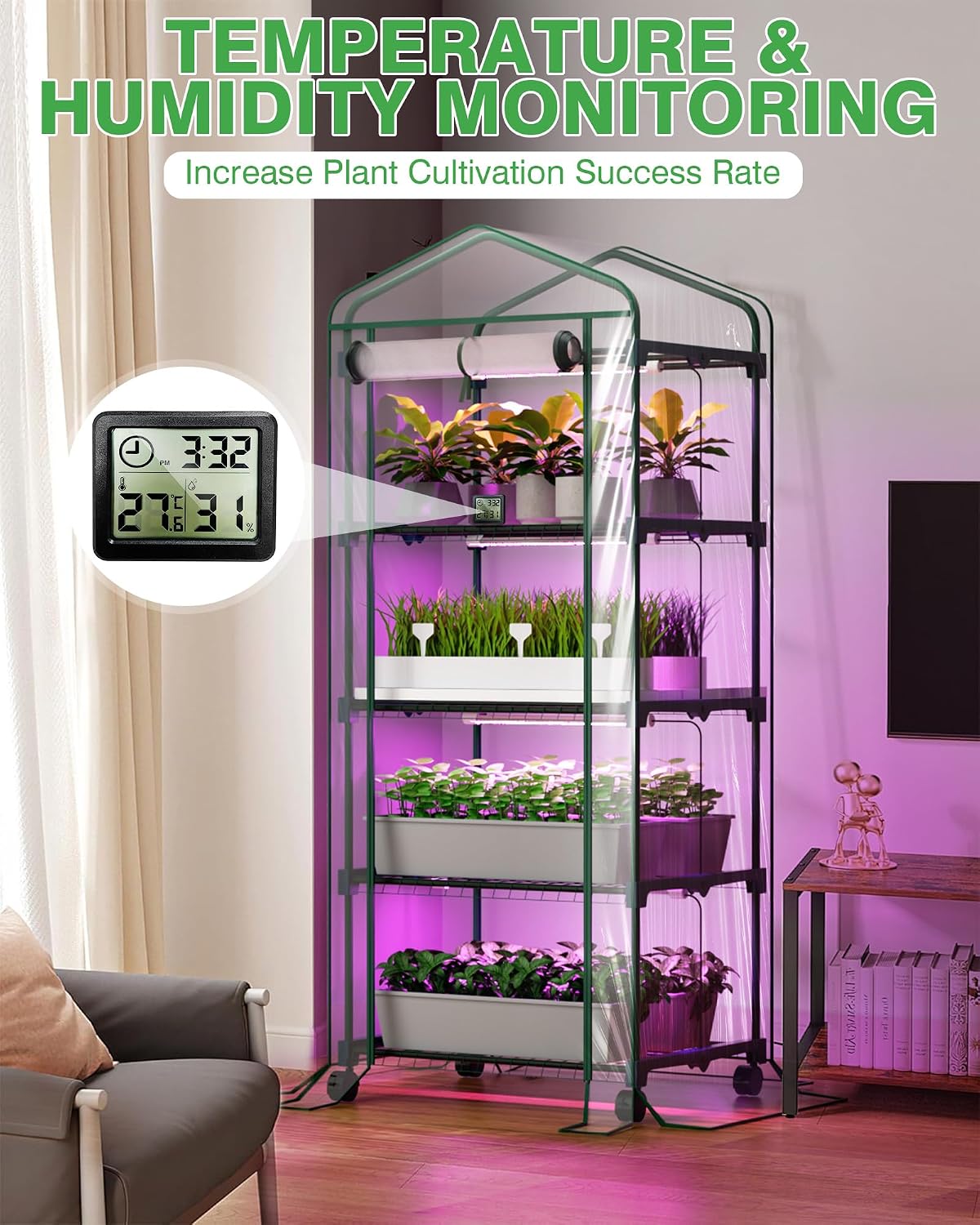 PYY Mini Indoor Greenhouse with Grow Light - Small Portable Outdoor Plant Green House Cabinet with Wheels, Thermometer