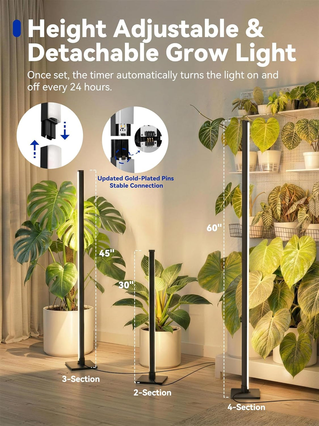 Vertical Grow Light for Indoor Plants, 60in LED Standing Lamp | 36W Full Spectrum Plant Lights with Auto Timer, 268