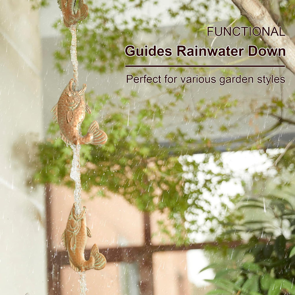 Glitzhome 8.5 FT Fish Shaped Rain Chains, Faux Copper Patina Finish Rain Chains for Gutters with 9 Fish, Adjustable