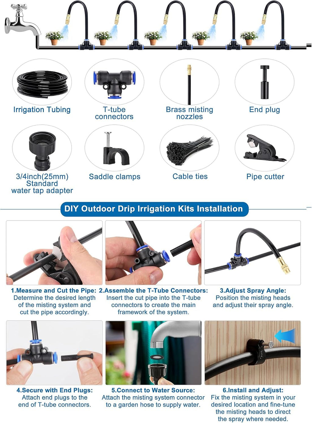 Drip Irrigation Kits Automatic Garden Irrigation System 360° Bending Nozzle | Includes 66FT 5/16 inch Irrigation Tubing