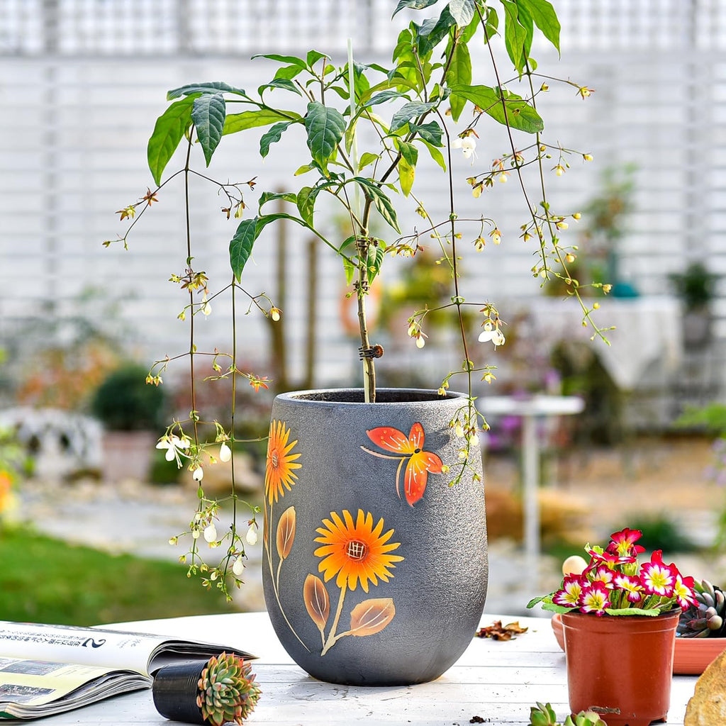 Sungmor 10.6 Inch Hand Painted Ceramic Succulent Plant Pot - Dark Grey | Textured Decorative Pottery Planter with
