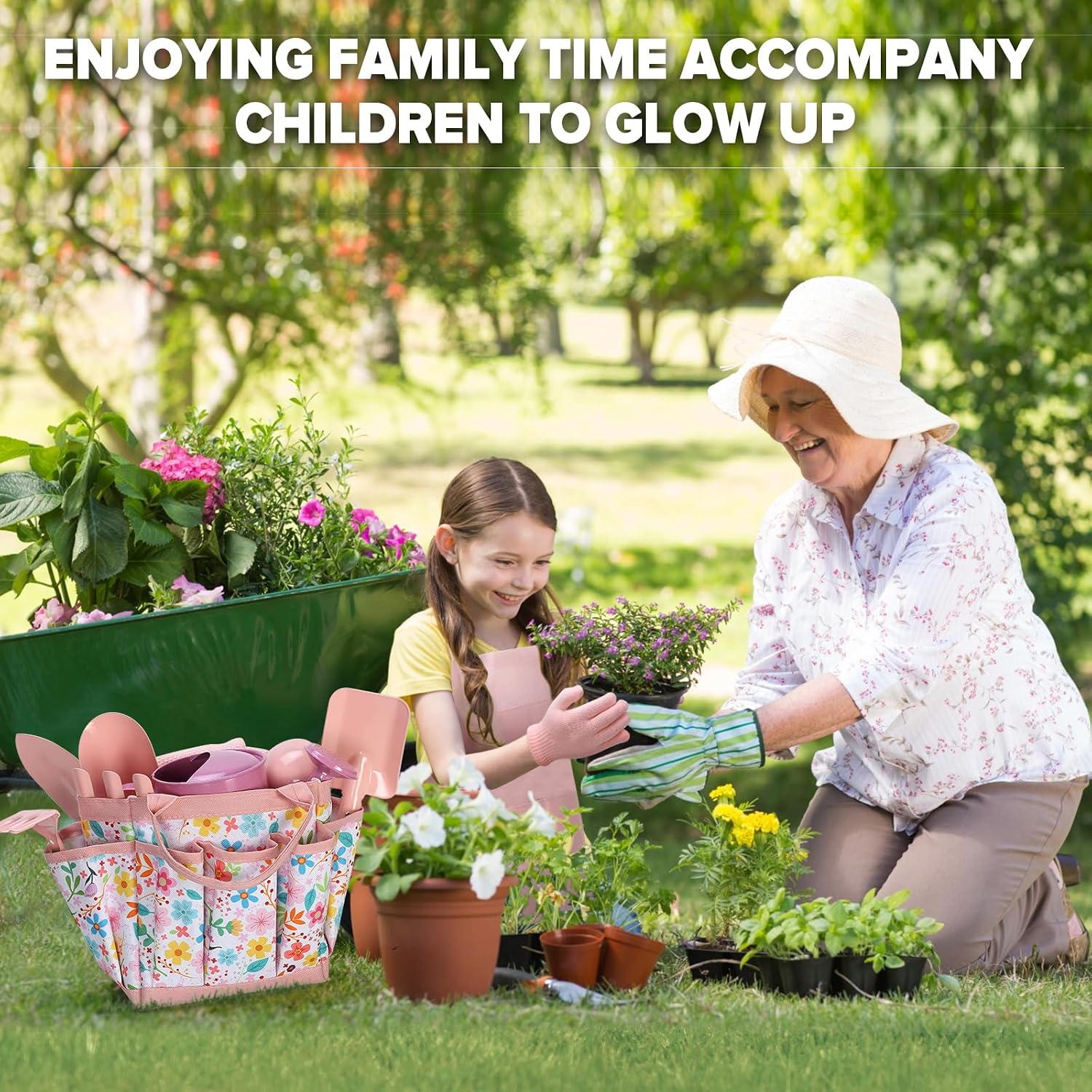 Qtioucp Kids Gardening Set 14Pcs Garden Tools with Tote Bag,Watering Can, Shovel, Apron, Garden Book and More