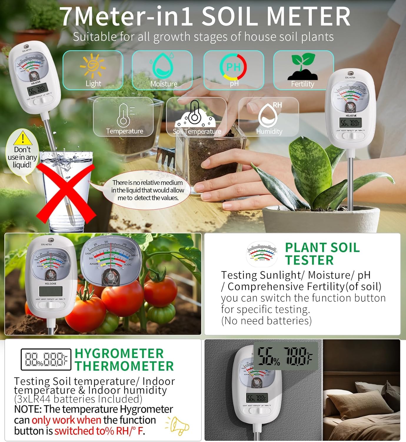 HSLGOVE Soil Test Kit, 7-in-One Soil Moisture Meter/Soil PH Meter/Fertility, Dual Screen Soil Tester w/Digital Soil