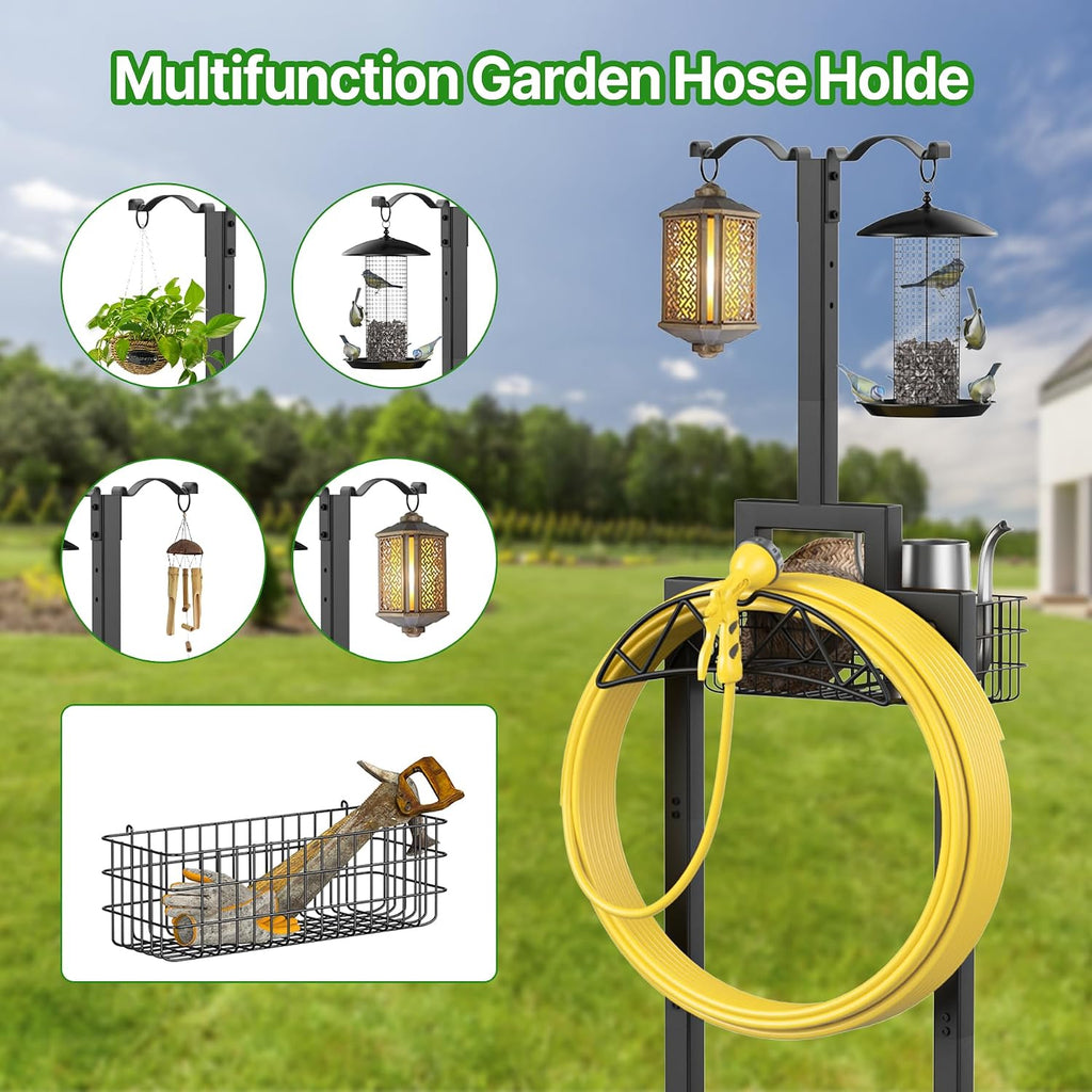 Garden Hose Holder, Water Hose Holders for Outside with Storage Basket & 2 Shepherds Hooks, Detachable Garden Hose