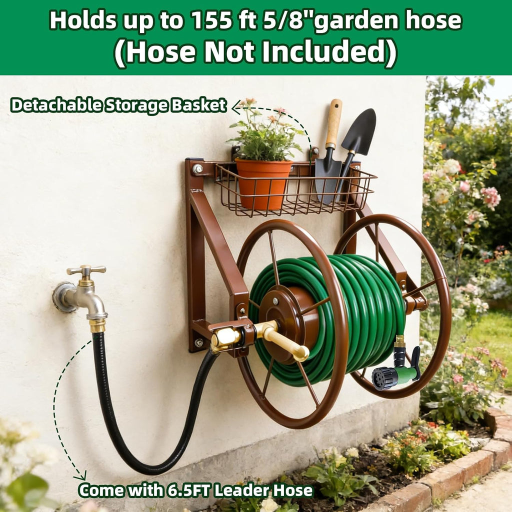 Wall Mount Garden Hose Reel, Heavy Duty Metal Holds 155ft 5/8" Hose | Solid Brass Fittings, No Leaks, Rust-resistant.