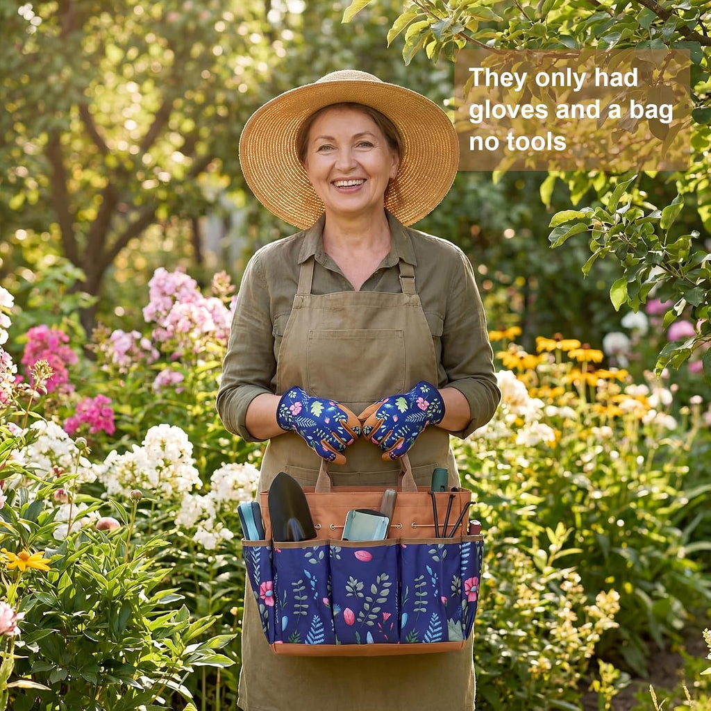 2 Pcs Large Floral Tote Bag and Garden Gloves,Classic,Brown | Heavy Duty Gardening Tools Gifts for Women, Thorn