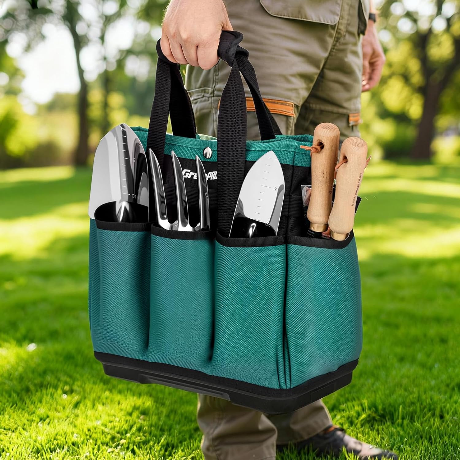 GRENPRO Heavy Duty Garden Tool Bag, Molded Bottom, 10 Pockets, Dark Green | Reinforced garden organizer tote stands