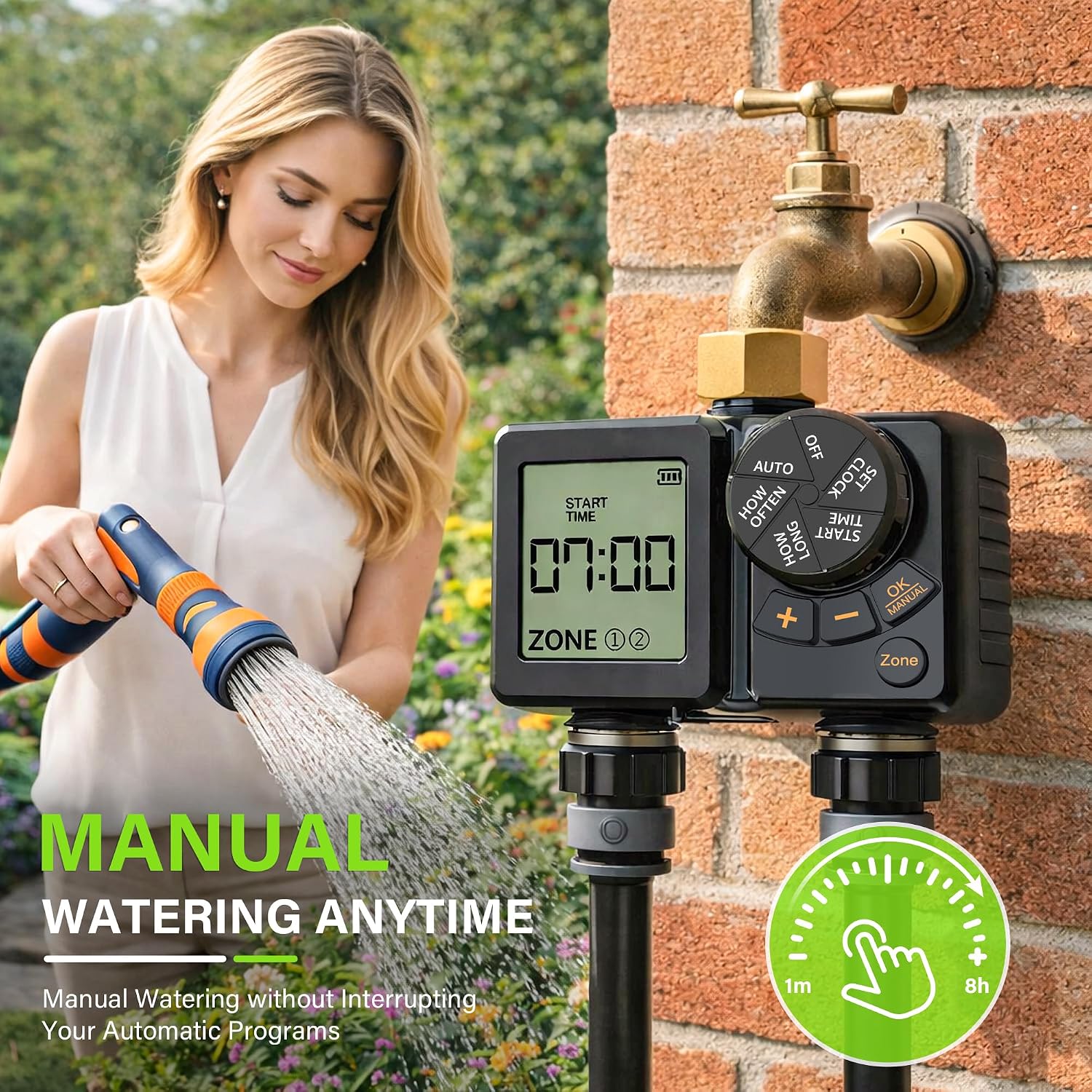 MIXC Rechargeable 2-Zone Water Timer, Full-Body IPX6 Sprinkler Timer - Over One Year Runtime - Save Water & Money, Drip