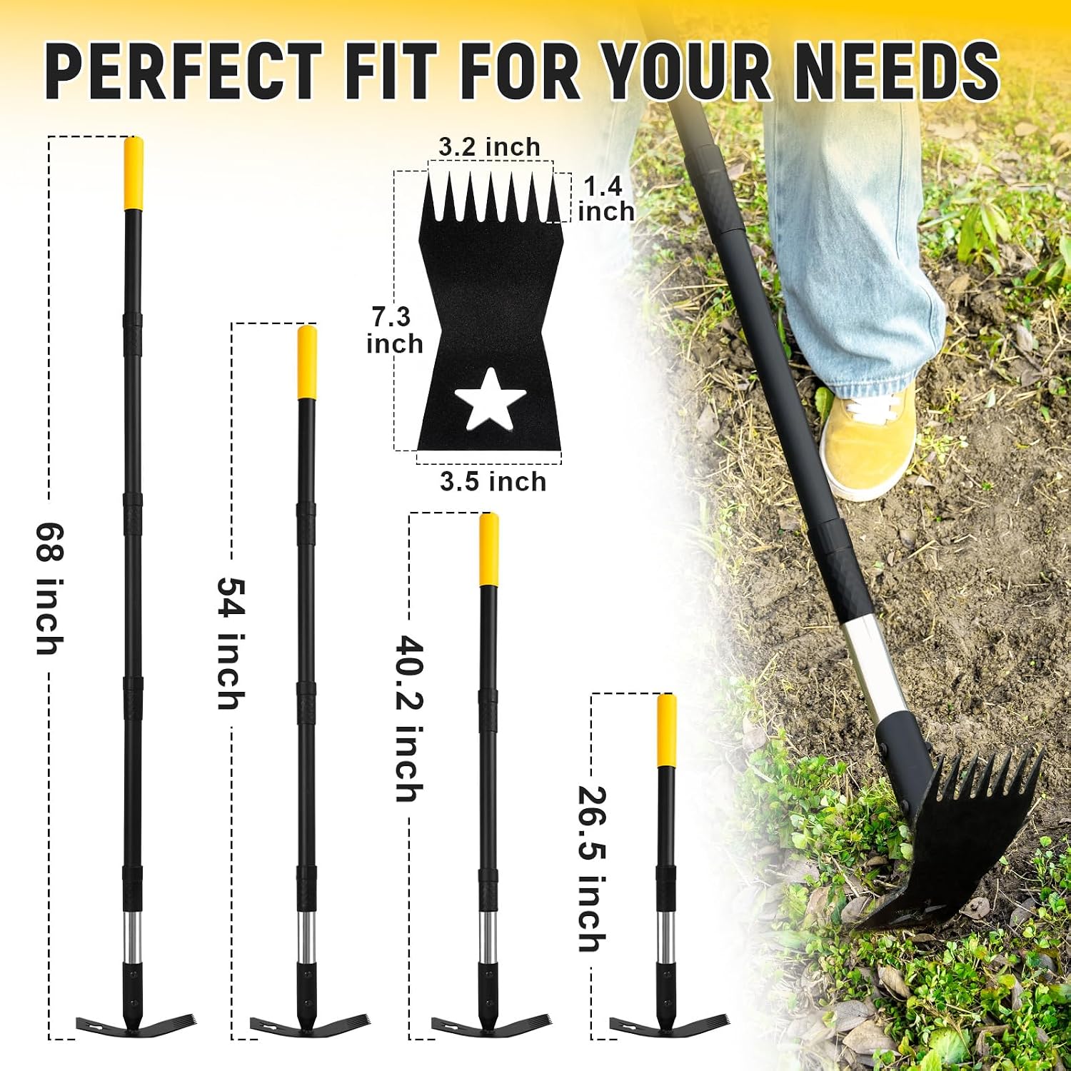 2-in-1 Weed Rake and Garden Hoe, 68" Weed Puller Tool with Long Handle, Manual Weeds Remover, Heavy Duty Stand Up