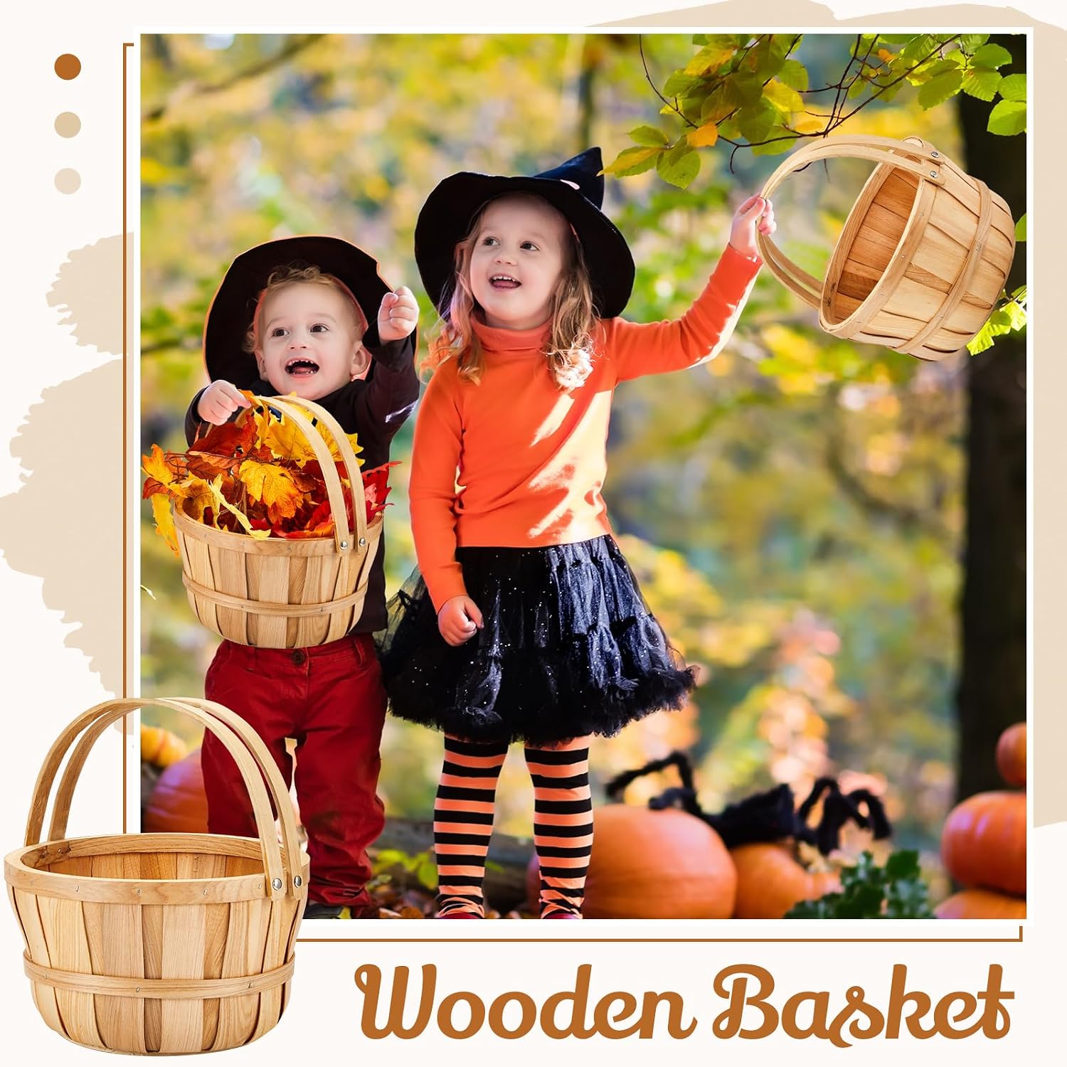 Marsui 10 Pcs Large Wooden Apple Basket 11 x 6.5'' Round Wicker Bushel Baskets with Handle, Farmers Market Basket for