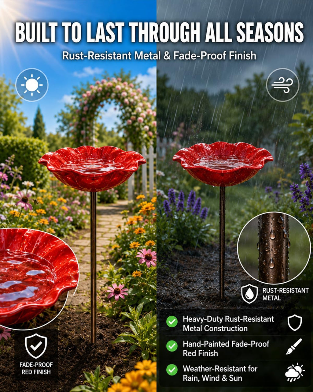 Handmade Metal Flower Garden Stakes, Outdoor Mini Bird Bath Decor, Bee Watering Station for Bird, Pollinator &
