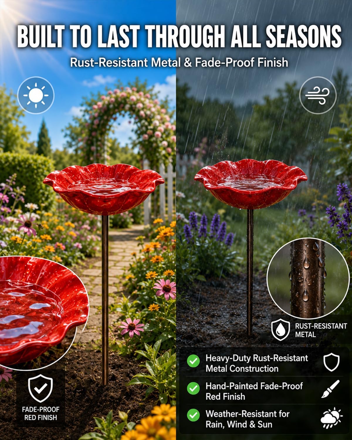 Handmade Metal Flower Garden Stakes, Outdoor Mini Bird Bath Decor, Bee Watering Station for Bird, Pollinator &