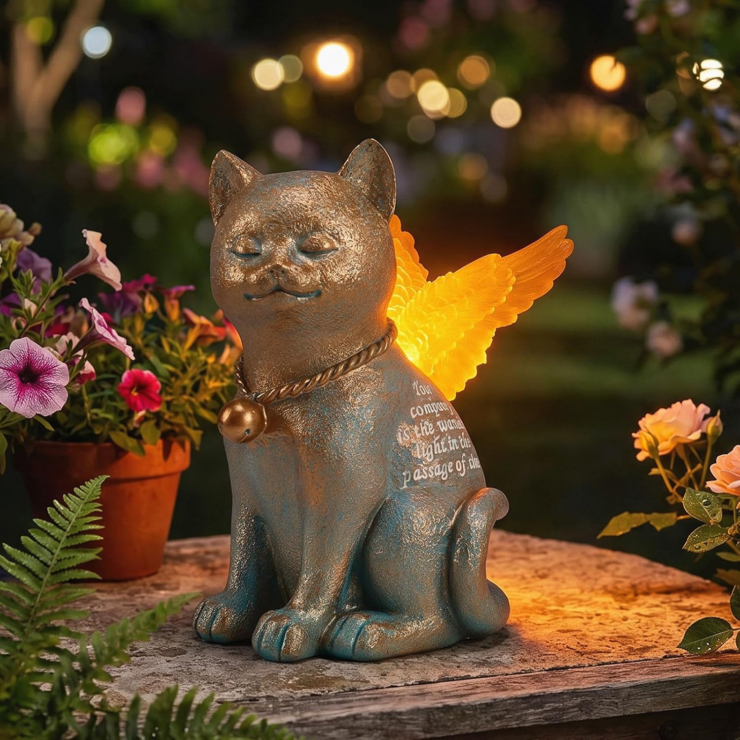 Pet Memorial Angel Cat Statue - Solar Powered Glowing Resin Garden Statue | Waterproof with LED Light Wings, Memorial