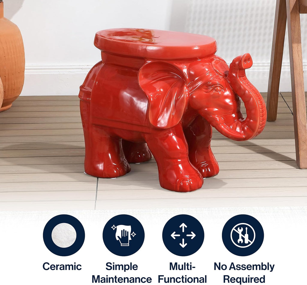 JONATHAN Y White Elephant Ceramic Garden Stool 14.25", Red | Weather Resistant Indoor Outdoor Patio Side Table, Plant