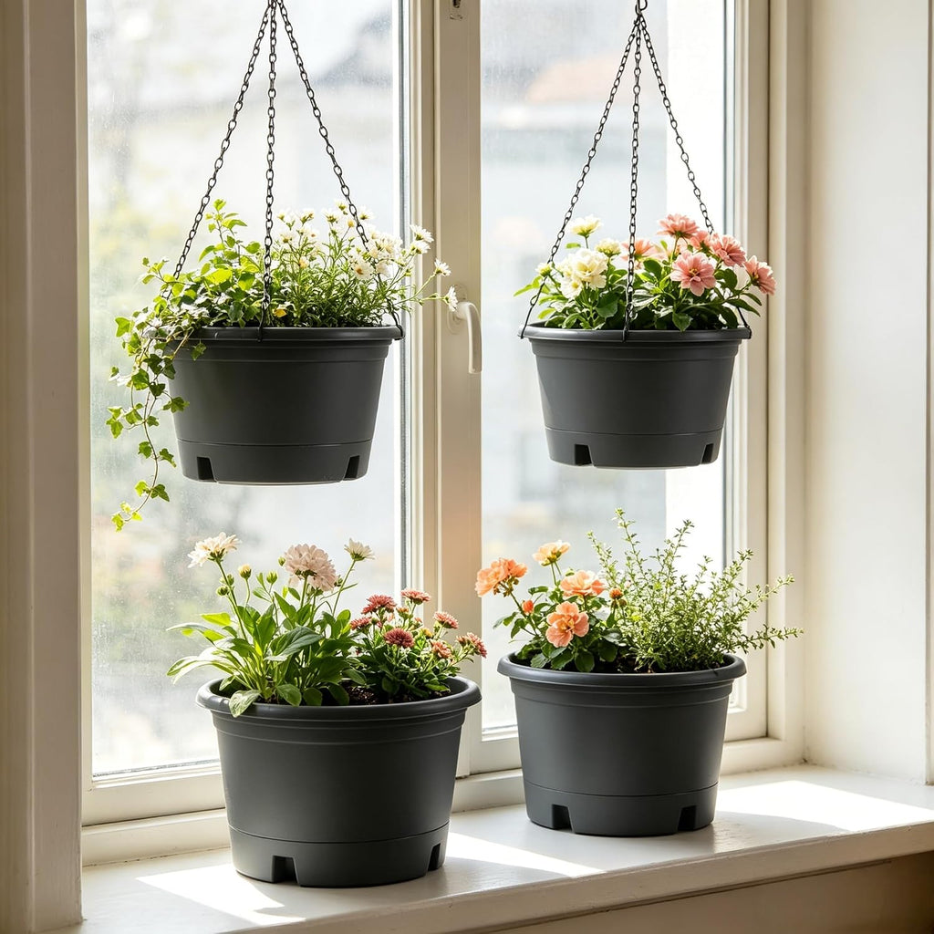 6 Pack 10 Inch Hanging Baskets for Plants Outdoor with Removable Trays | Plastic Hanging Planters with 15.7" Chain