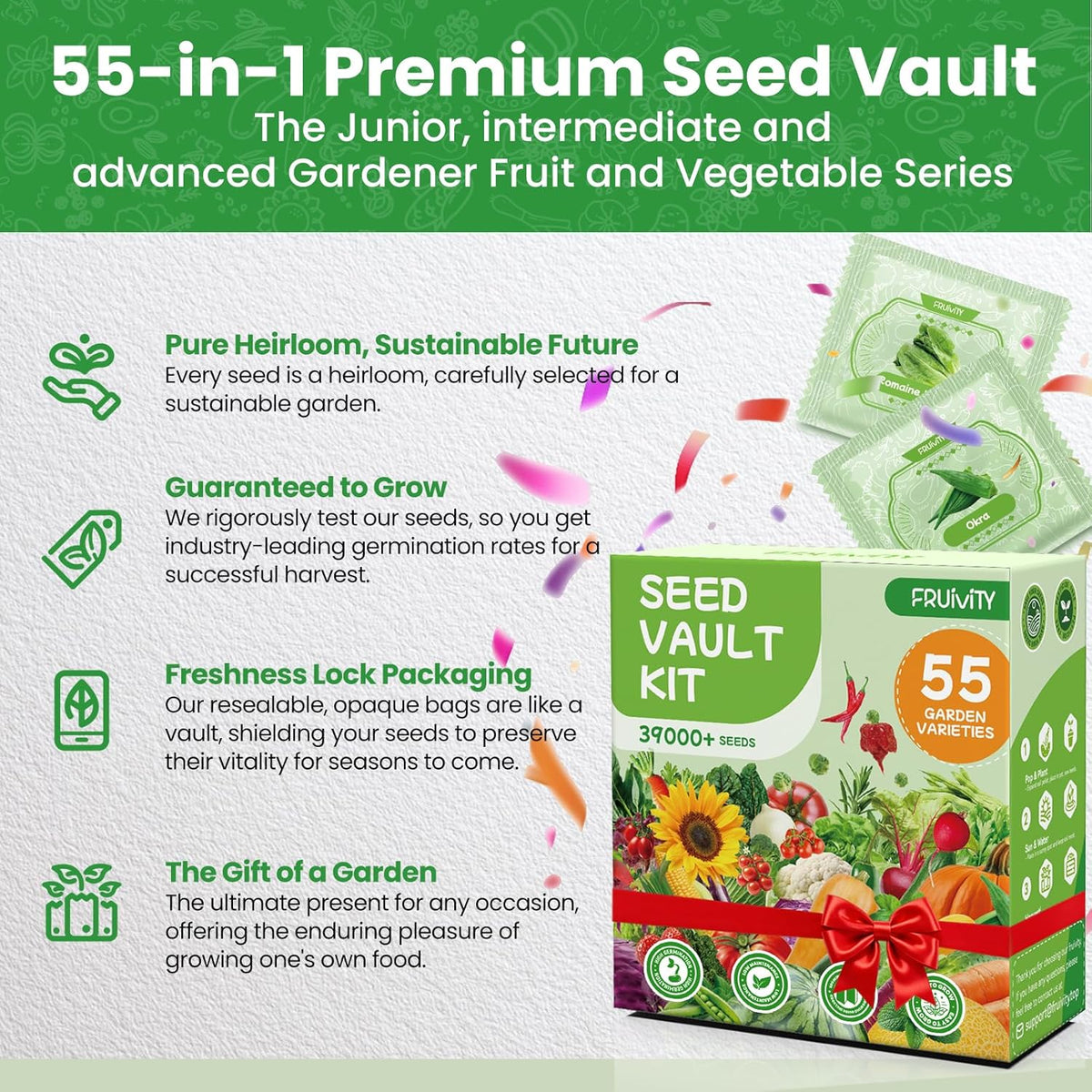 55 Vegetable Seeds Variety Pack - 39,000+ Heirloom Seeds for Planting Vegetables and Fruits, Outdoor Garden Seeds for