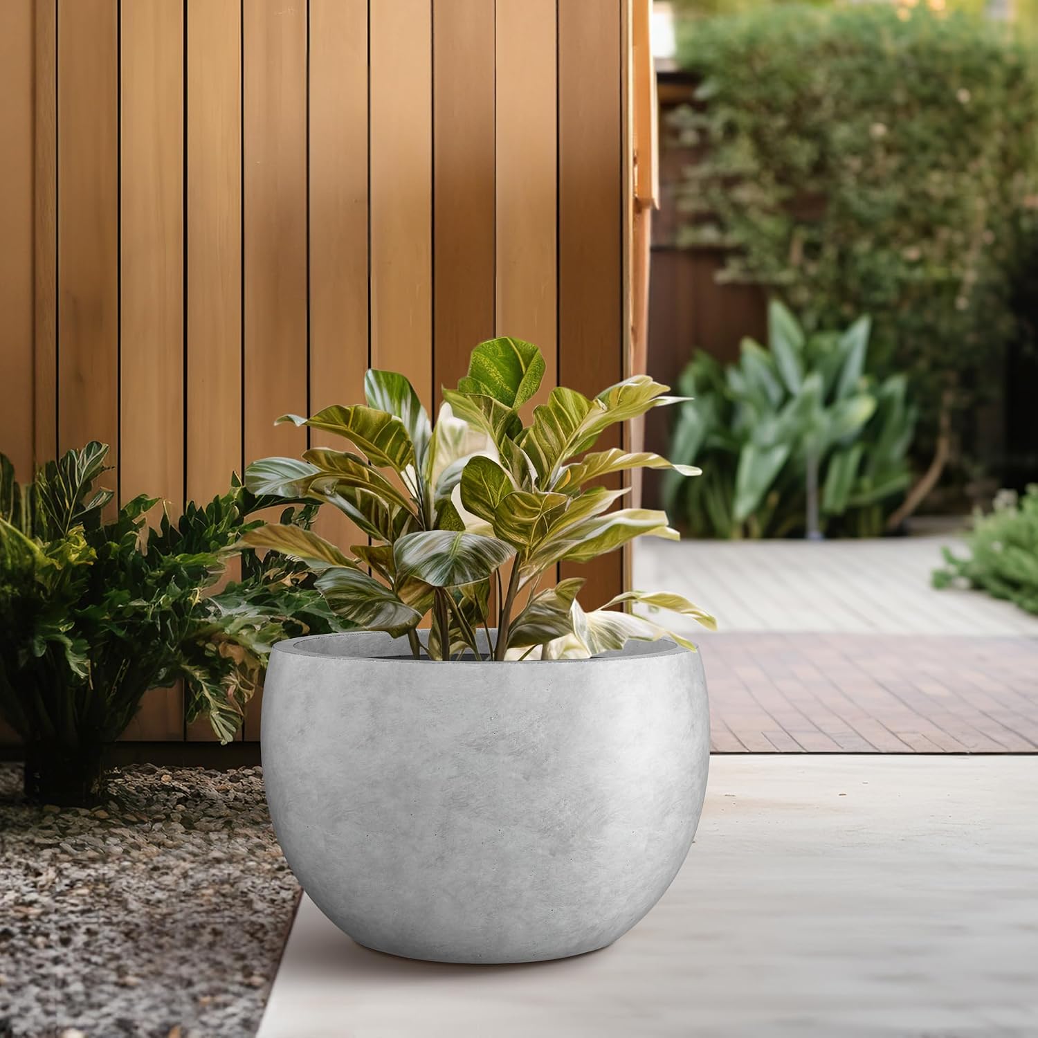 Kante Accent Round Bowl Pale Gray Concrete Planter 15.7" Dia, Outdoor | Rubber Plug for Indoor, Drainage for Garden