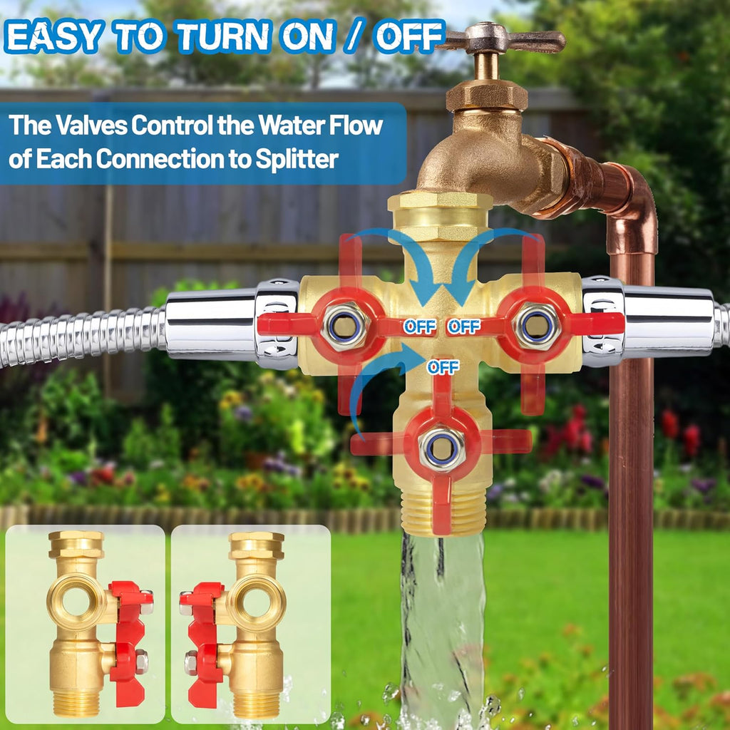 Full Flow 3 Way Hose Splitter, Solid Brass Garden Hose Splitter Valve with Metal Handle, Heavy Duty High Flow Spigot