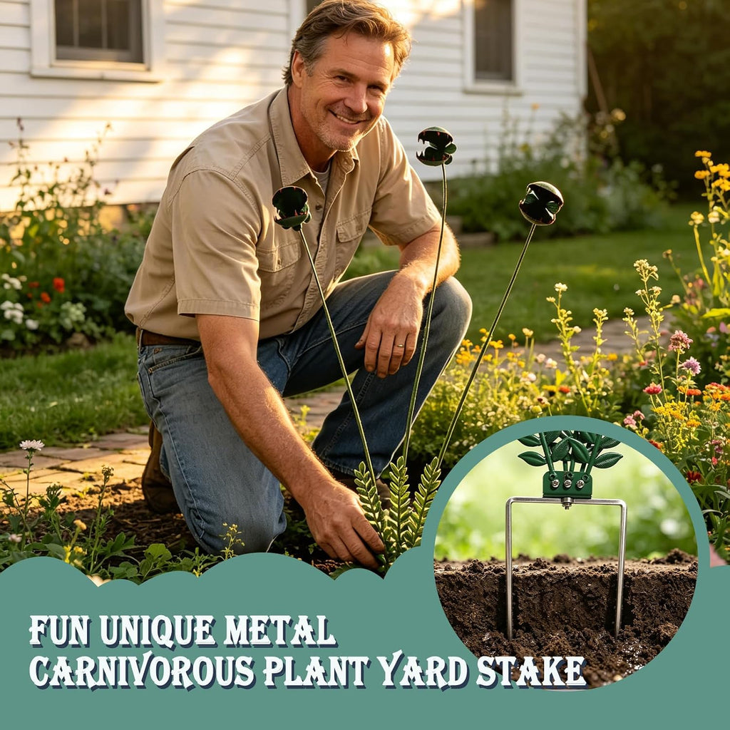 Whimsical Metal Carnivorous Plant Garden Stake, 25 Inch Large Venus Flytrap Monster Sculpture, Hand-Welded Rust &
