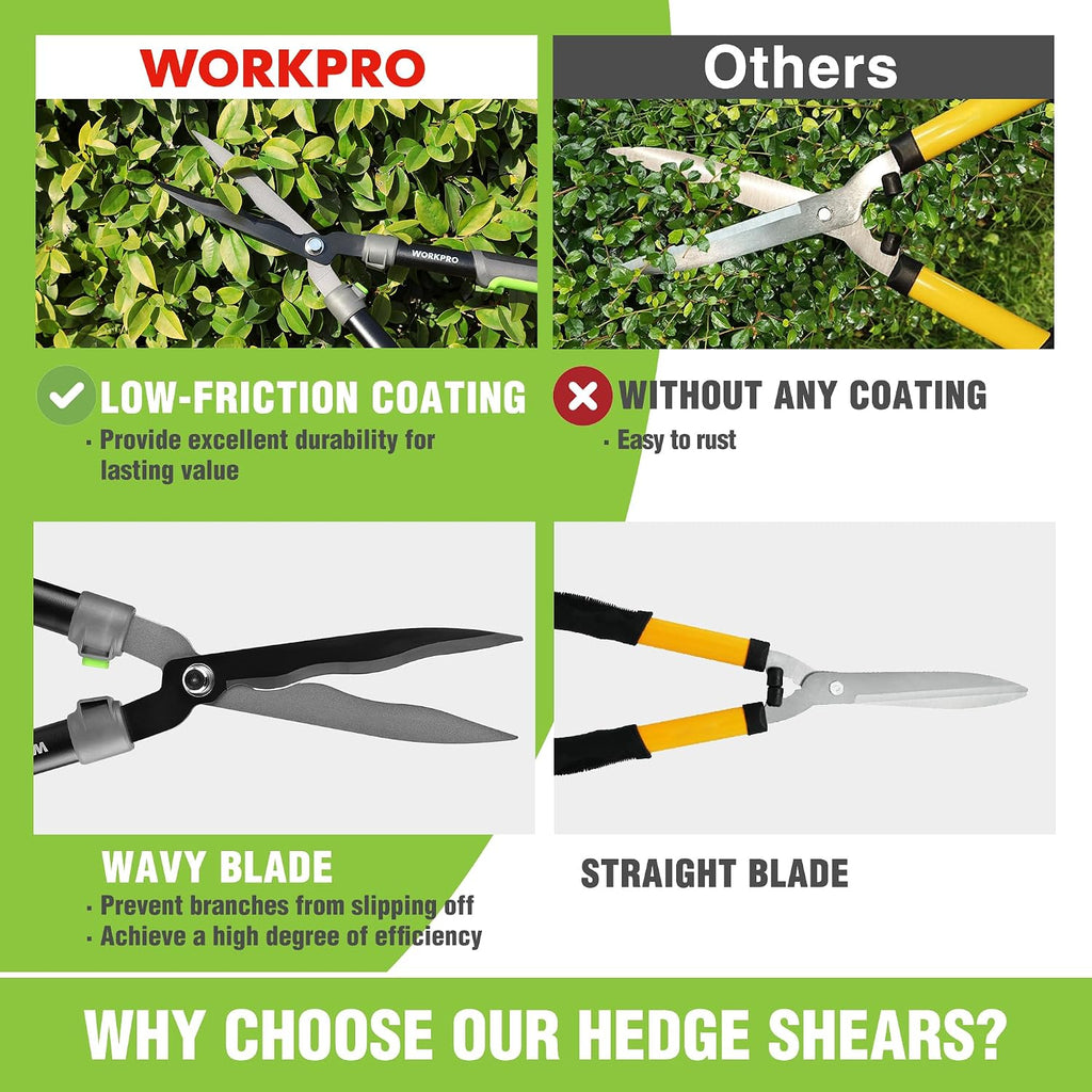 WORKPRO Garden Hedge Shears, 23" Manual Hedge Clippers/Bush Cutter | Gardening Shears with Steel Wavy Blade, Shock
