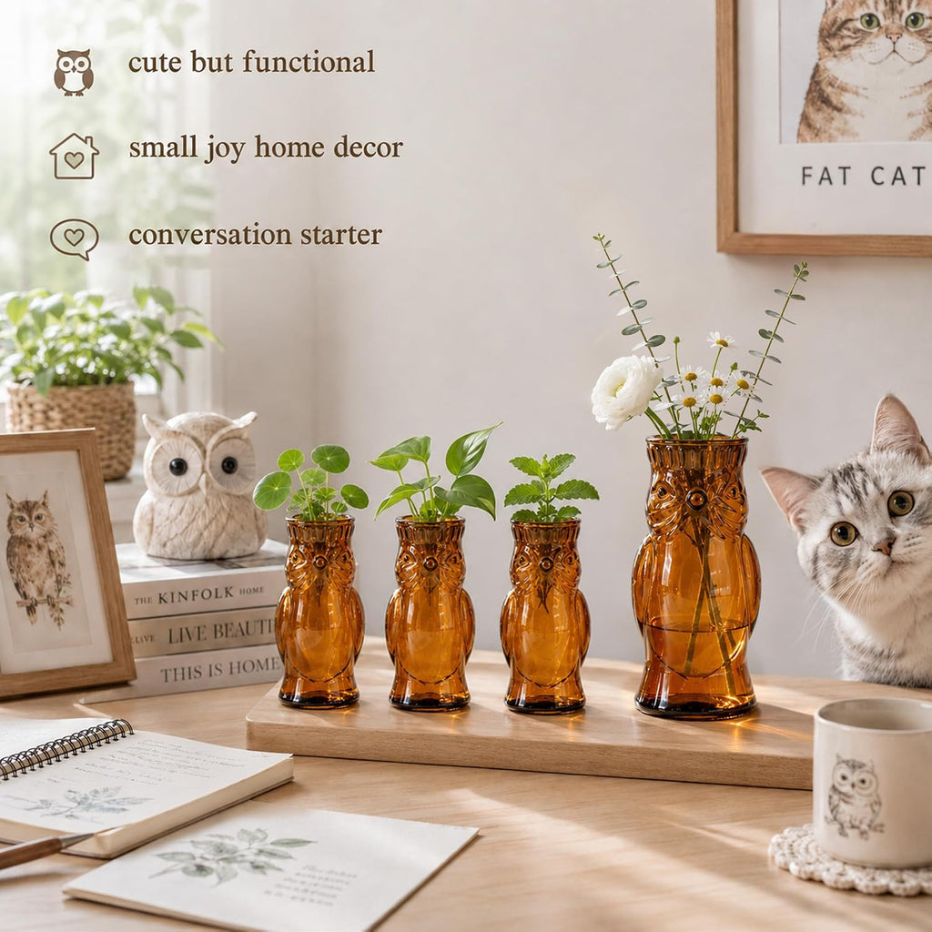 Owl Plant Propagation Station: Set of 4 Cute Brown Glass Vases | Small Plant Terrarium for Hydroponics, Home Office