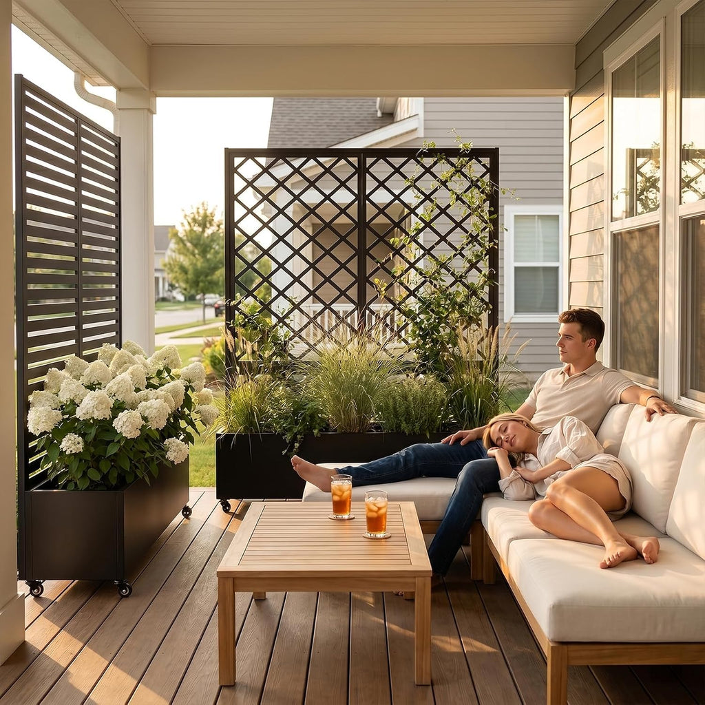 Planter Raised beds with Trellis，72" x 47" x 16",Black Grid,Privacy planters for Patio,Planter Box for Climbing Plants