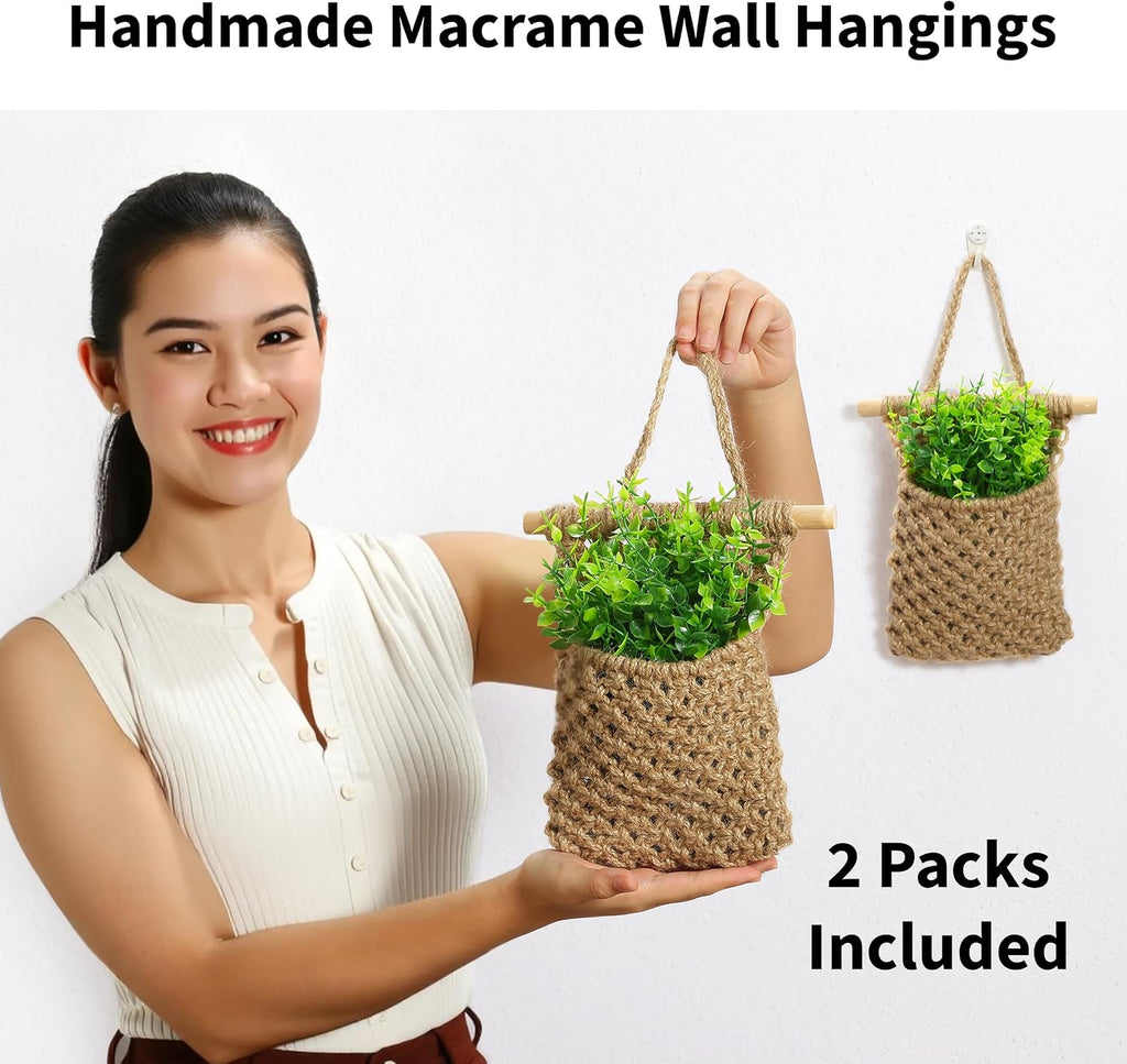 2 Packs Macrame Wall Planters with Faux Eucalyptus, Wall Decor | Hanging basket for wall plant, Wall Plant Holder, Wall